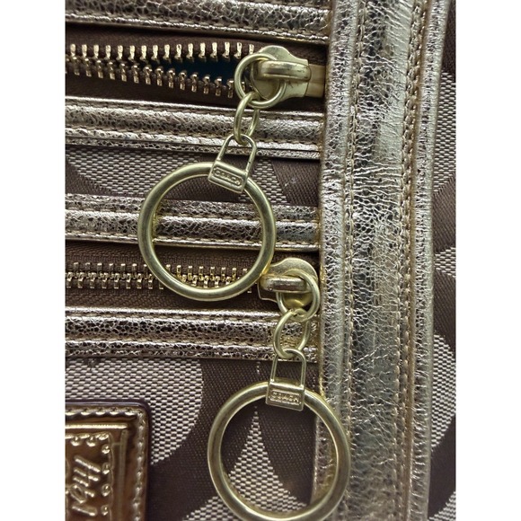 COACH Poppy Op Art Glam Gold Khaki Tote Bag Blue Teal Liner Signature C - Picture 4 of 12